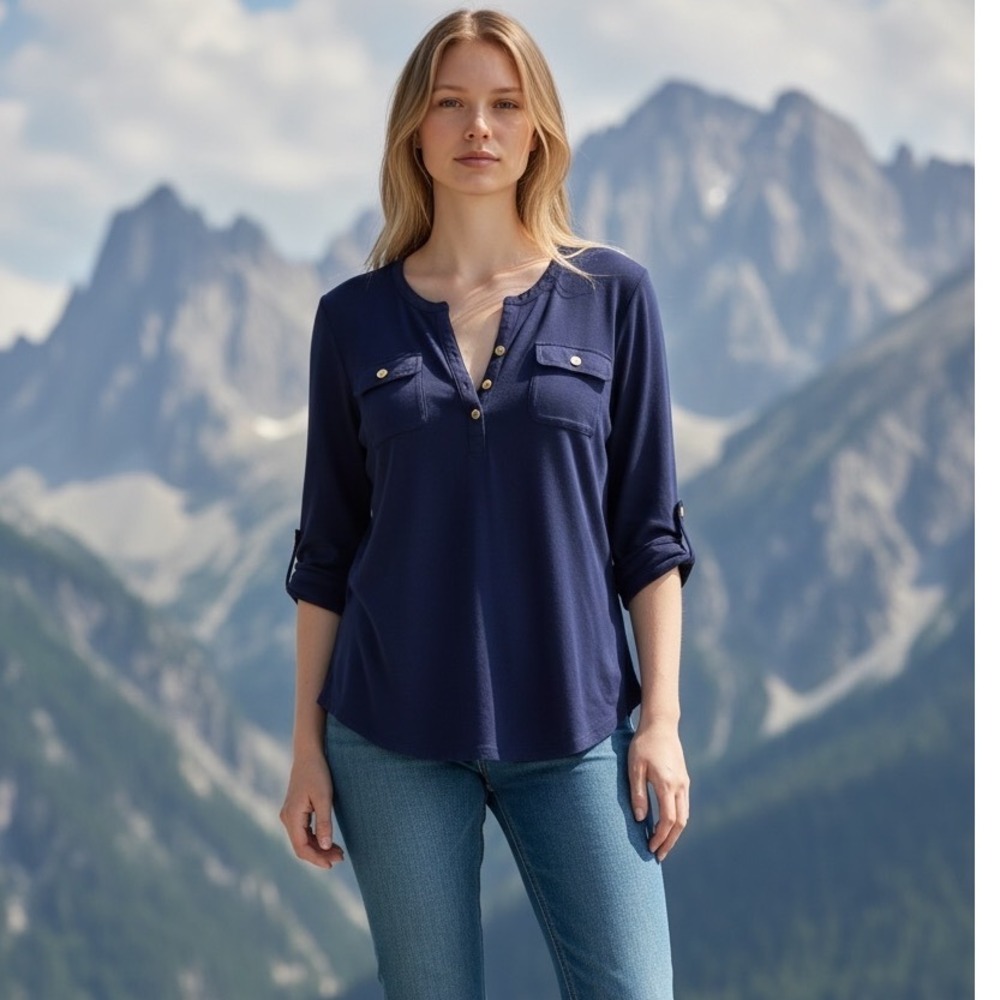 Lauren Ralph Lauren Navy Blue Cotton Henley Roll Tab Sleeve Top L Nautical Coast